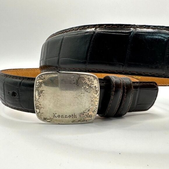 Kenneth Cole Belt Mens 30 Black Croc Embossed Italian Leather Silver Buckle - Picture 1 of 16